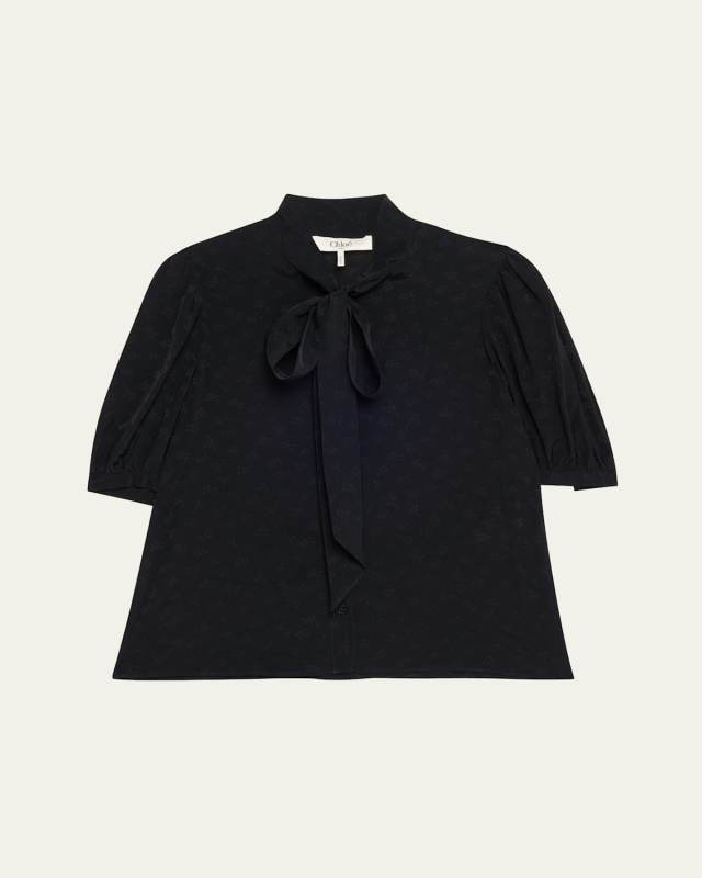 Floral Jacquard Tie-Neck Blouse